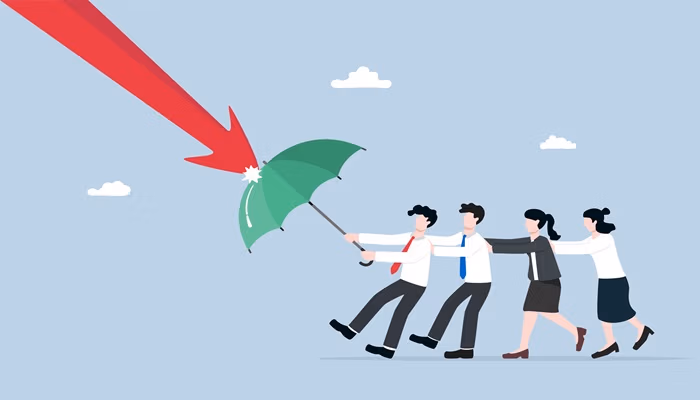 SIF prevention strategy: Illustration of a team using an umbrella to protect against risks, symbolizing collective efforts in managing safety risks