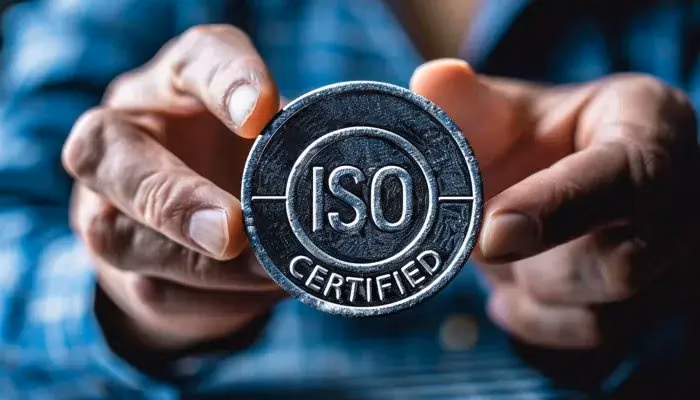 Hands holding an ISO Certified medal, symbolizing successful completion of a quality control audit.
