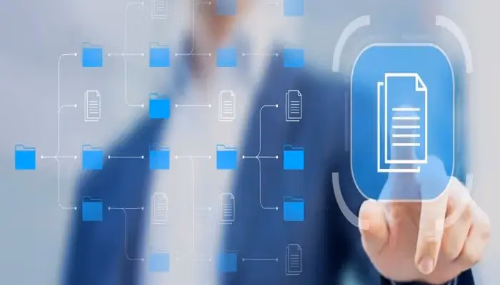 A person interacting with a virtual interface featuring interconnected document and folder icons, representing process documentation in a digital environment.
