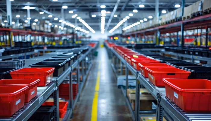 Long rows of shelves filled with red and black bins in a well-organized warehouse, representing Lean Production processes.