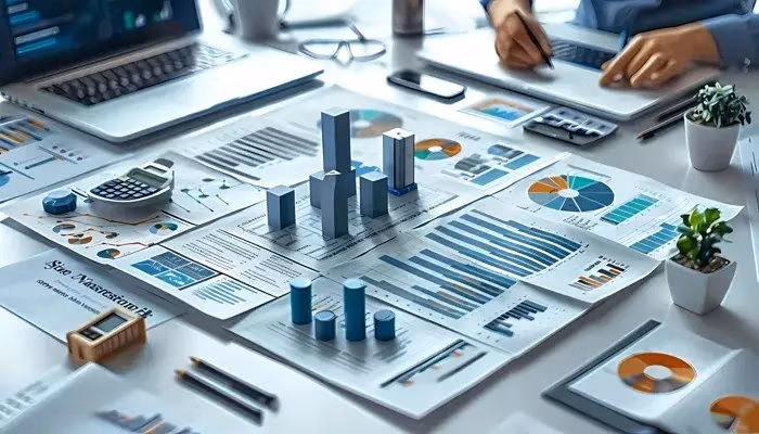 A desk filled with charts, graphs, and financial documents, along with a laptop and calculator, illustrating the process of conducting an external audit.