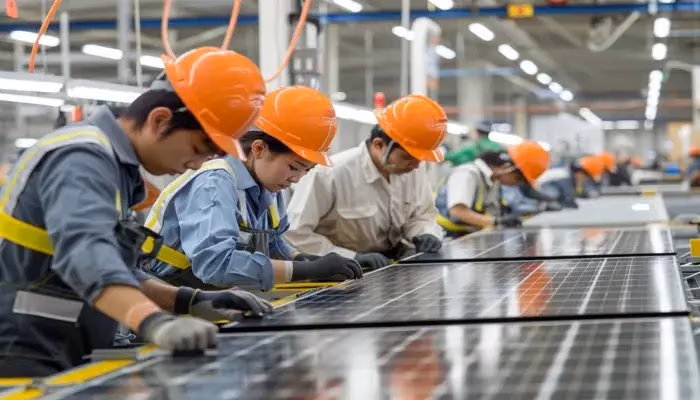 Workers in a manufacturing facility assembling solar panels, illustrating the concept of centerlining in production processes