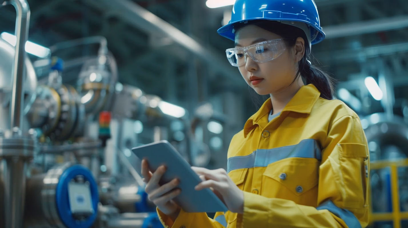 A technician wearing yellow safety gear, operating equipment in a manufacturing plant