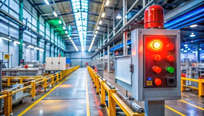 Control panel with red warning light indicating hazard rate in a modern industrial manufacturing facility.