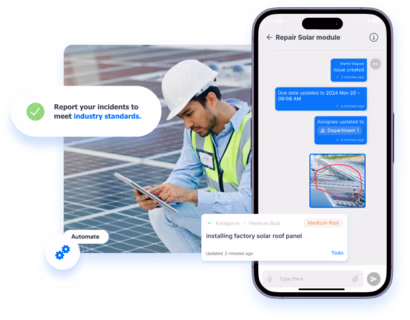 A technician in safety gear uses a tablet at a solar panel site, alongside a smartphone displaying Flowdit's incident reporting software with task updates and risk categorization.