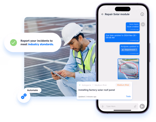 A technician in safety gear uses a tablet at a solar panel site, alongside a smartphone displaying Flowdit's incident reporting software with task updates and risk categorization.