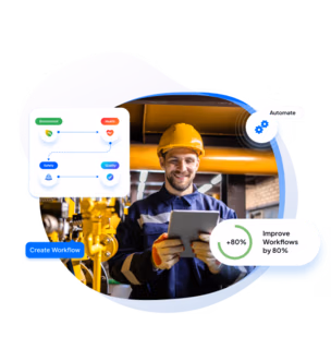 A factory worker in safety gear uses a tablet, with Flowdit workflow software highlighting automation and an 80% improvement in workflows.