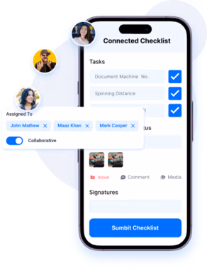 A smartphone screen displays a "Connected Checklist" interface with completed tasks, assigned team members, issue tracking, and a "Submit Checklist" button. Floating profile images suggest collaboration through Connected Worker Software.