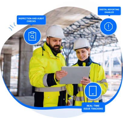 A male and female construction worker using Construction Inspection Software on a tablet at an active job site. Blue digital icons emphasize key features like audit checks, digital reporting, and real-time issue tracking.