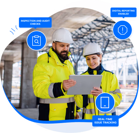 A male and female construction worker using Construction Inspection Software on a tablet at an active job site. Blue digital icons emphasize key features like audit checks, digital reporting, and real-time issue tracking.