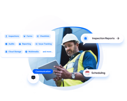 A construction worker wearing a white hard hat and a yellow safety vest uses a tablet. Floating UI elements highlight software features like inspections, checklists, reporting, and scheduling.