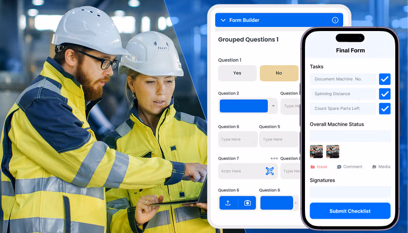 Two workers in safety gear using a form builder app on a tablet and smartphone to complete a checklist in an industrial setting.