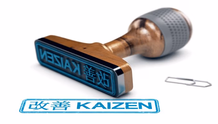 Kaizen stamp with blue ink and Japanese characters