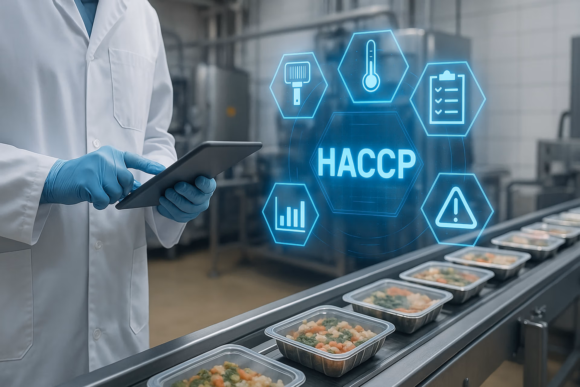 HACCP (Hazard Analysis Critical Control Point) concept with food safety icons, tablet in hand of a worker in a food processing facility.