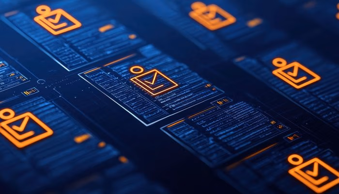 Digital interface with multiple checklists representing commissioning management software systems.