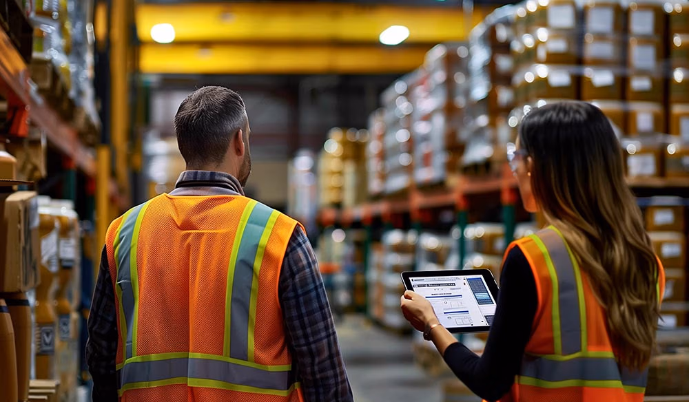 two operators doing a inspection of warehouse hall