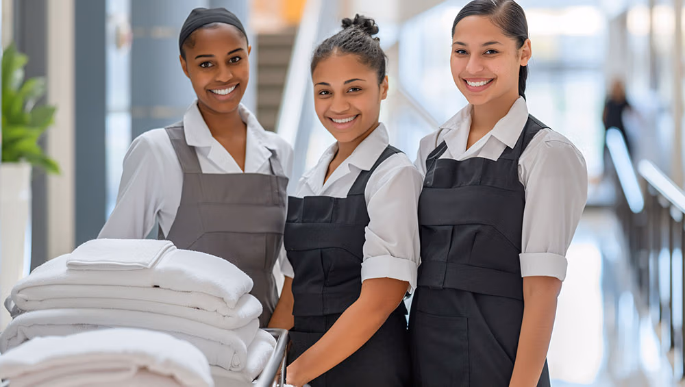 hotel housekeeping team working and smiling