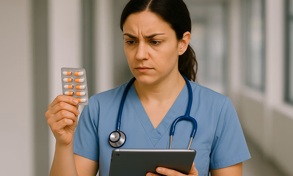 nurse checks medications with her iPad